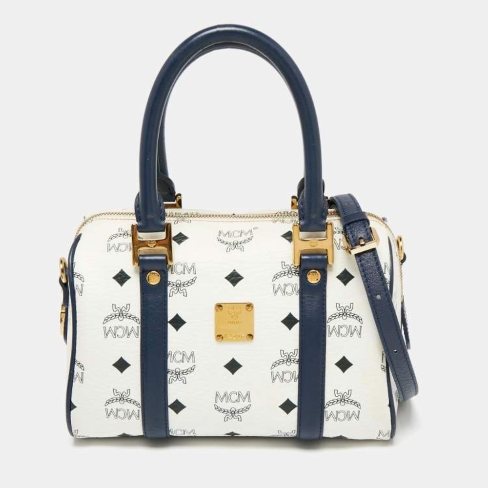 MCM White/Navy Blue Leather Boston Mini Bag